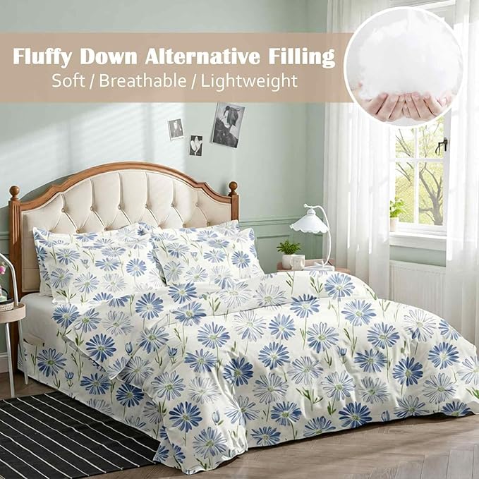 Nanko White And Blue Floral Comforter Set Queen Size 3 Pcs, Dandelion Flower Green Leaf Printed Pattern Soft Microfiber Alternative Duvet, Farmhouse Bedding Set, Bed in a Bag for Women Men Teen, 90x90