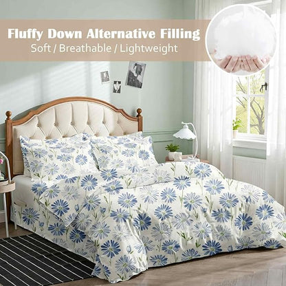 Nanko White And Blue Floral Comforter Set Queen Size 3 Pcs, Dandelion Flower Green Leaf Printed Pattern Soft Microfiber Alternative Duvet, Farmhouse Bedding Set, Bed in a Bag for Women Men Teen, 90x90