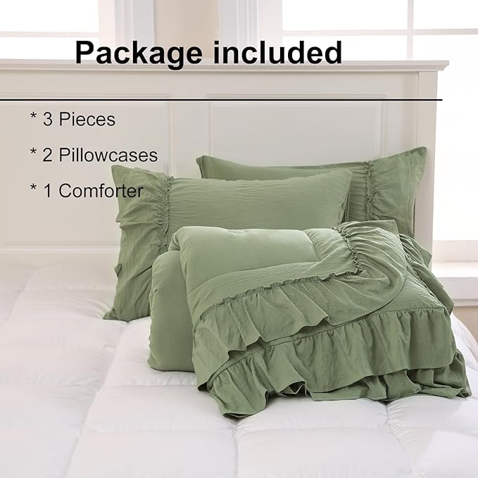 Bedding_Dreamer Sage Green Queen Size Comforter Set, 3-Piece Shabby Chic Ruffle Bedding, Soft Microfiber Boho Farmhouse Comforter for All Seasons