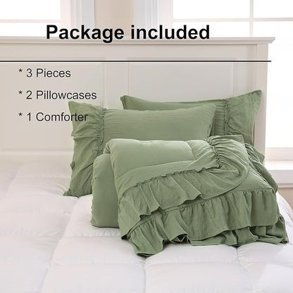 Bedding_Dreamer Sage Green Queen Size Comforter Set, 3-Piece Shabby Chic Ruffle Bedding, Soft Microfiber Boho Farmhouse Comforter for All Seasons