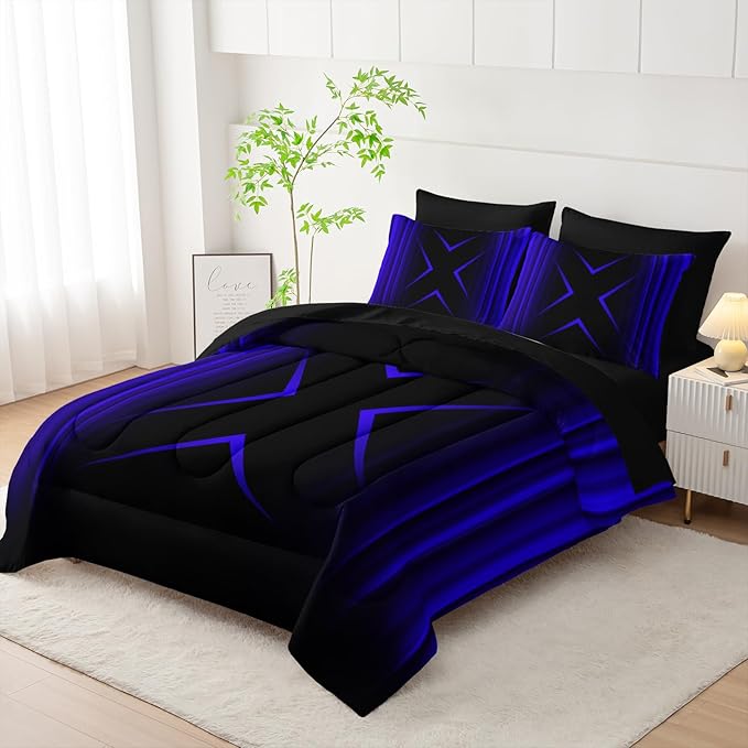 Blue and Black Geometric Comforter Set Twin Size 7Pieces,3D Abstract Mordern Printed Bedding Set for Adults,Geometric Mordern Decor All Seasons with Pillowcases,Flat, Fitted Sheet
