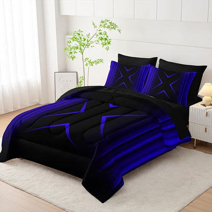 Blue and Black Geometric Comforter Set King Size 7Pieces,3D Abstract Mordern Printed Bedding Set for Adults,Geometric Mordern Decor All Seasons with Pillowcases,Flat, Fitted Sheet