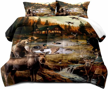 LUVIVIHOME 3PCS Black Bear Moose Elk Deer Comforter Set King Size, Rustic Cabin Bedding, Mallard Duck Forest Animal Wildlife Hunting Hunter Country Lodge Rustic Farmhouse Bedroom Decor, 2 Pillow Shams