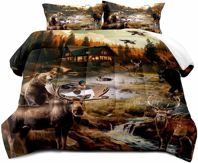 LUVIVIHOME 2PCS Black Bear Moose Elk Deer Comforter Set Twin Size, Rustic Cabin Bedding, Mallard Duck Forest Animal Wildlife Hunting Hunter Country Lodge Rustic Farmhouse Bedroom Decor, 1 Pillow Sham
