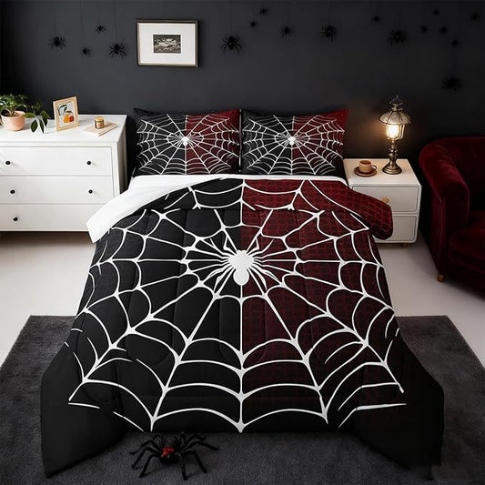 Spider Web Comforter Set Queen Size, Black and Red Halloween Bedding Set 3pcs, White Spider Arachnid Insect Animal Down Comforter for All Season, Kids Boys Teens Room Decor, 2 Pillowcases, No Sheets