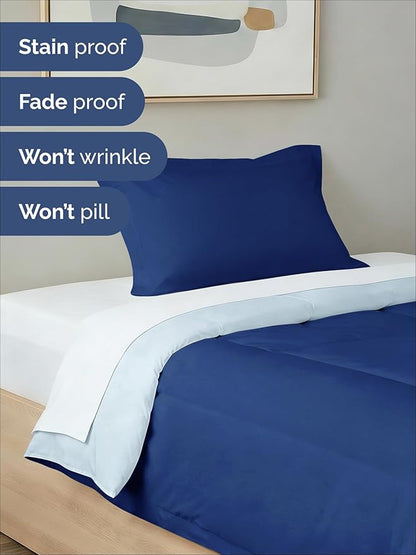 Twin Comforter Set - 2 Piece Bed Set for All Seasons - 1 Soft Quilted Comforter with Corner Tabs & 1 Pillow Sham - Comfy, Cozy & Breathable - Premium Down Duvet Insert - Twin Size, Navy Blue/Sky Blue