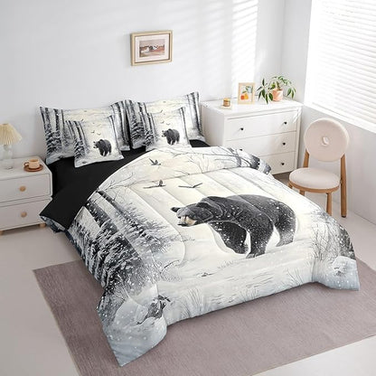 Erosebridal Black Bear Comforter Sets with Sheets, Forest Bear Bedding Set Twin for Boys Girls Snow Winter Theme 7Pcs Bed in A Bag Wild Animal Bed Set