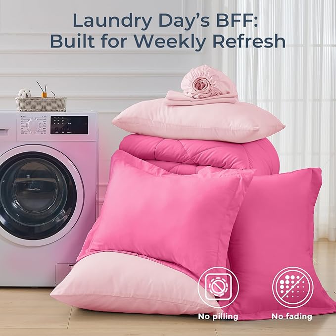 HEVUMYI Hot Pink & Baby Pink King Comforter Set - 7-Piece All Season Bed in a Bag King, Ultra Soft Bedding Set with Comforter, Flat Sheet, Fitted Sheet, Pillowcases, Pillow Shams
