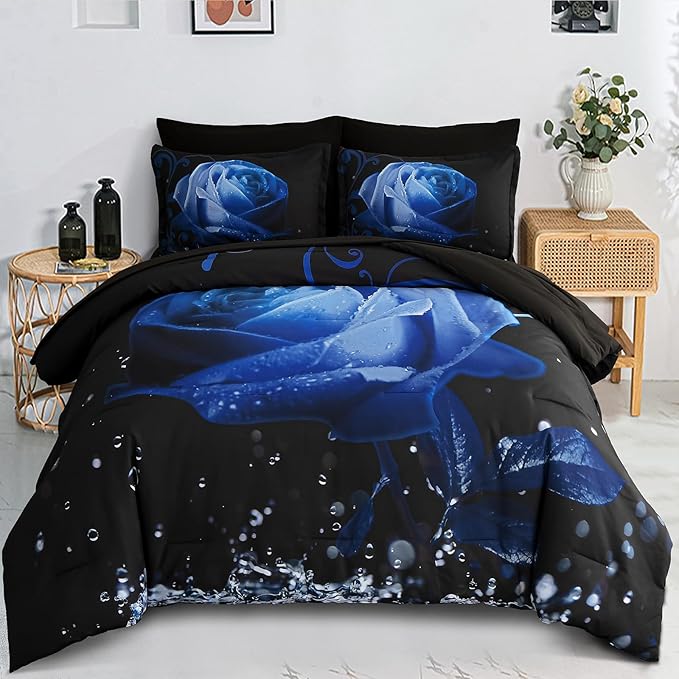 Xruibed Floral Comforter King Blue Bed in a Bag Rose Water Droplets Design 7PCs Comforter Set Soft Micorfiber Bedding Set (1 Comforter,2 Pillow Shams,1 Flat Sheet,1 Fitted Sheet,2 Pillowcases)