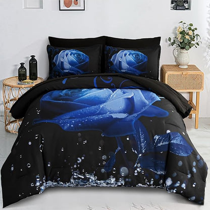 Xruibed Floral Comforter King Blue Bed in a Bag Rose Water Droplets Design 7PCs Comforter Set Soft Micorfiber Bedding Set (1 Comforter,2 Pillow Shams,1 Flat Sheet,1 Fitted Sheet,2 Pillowcases)