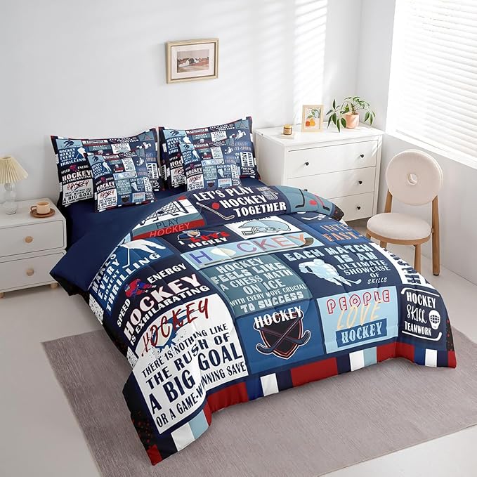 Erosebridal Kids 7 Pcs Teal Patchwork Bed in a Bag Queen Comforter Set,Ice Hockey Sheet Set for Boys Teens Men,Navy Blue Sports Game Bedding with Comforter,Vintage Geometric Striped Quilt Cover