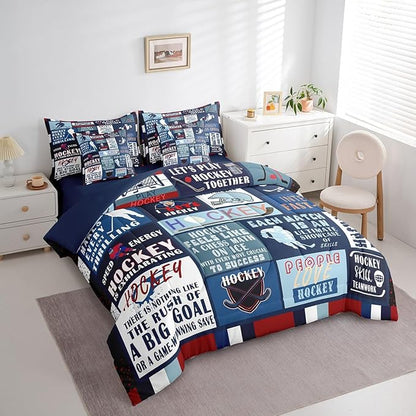 Erosebridal Kids 7 Pcs Teal Patchwork Bed in a Bag Queen Comforter Set,Ice Hockey Sheet Set for Boys Teens Men,Navy Blue Sports Game Bedding with Comforter,Vintage Geometric Striped Quilt Cover