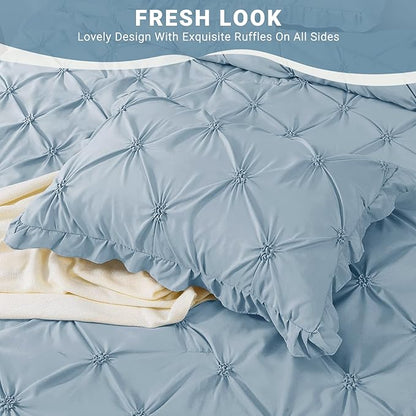 JOLLYVOGUE Queen Comforter Set 7 Pieces, Light Blue/Ivory Bed in a Bag Comforter Set for Bedroom, Bedding Comforter Sets with Comforter, Sheets,Ruffled Shams & Pillowcases