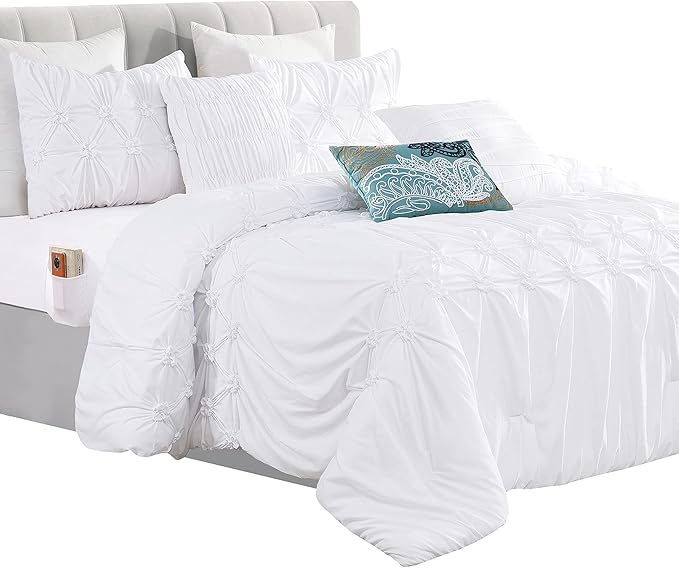 Elegant Comfort 12-Piece Bed-in-a-Bag, Ella Pleated Ruched Pintuck Comforter Set, 6-Piece Sheet Set Featuring Smart Pockets, Matching Decorative Pillows, All Season Bedding, Full, White