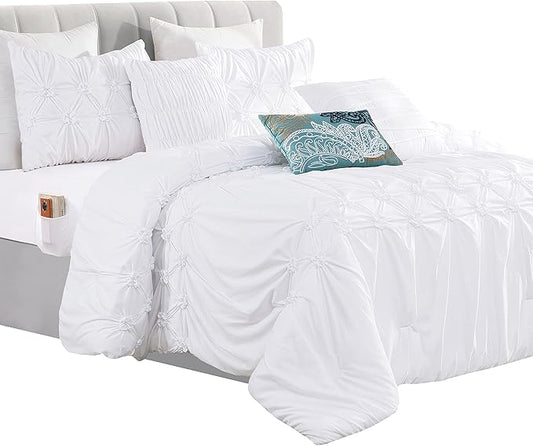 Elegant Comfort 12-Piece Bed-in-a-Bag, Ella Pleated Ruched Pintuck Comforter Set, 6-Piece Sheet Set Featuring Smart Pockets, Matching Decorative Pillows, All Season Bedding, California King, White