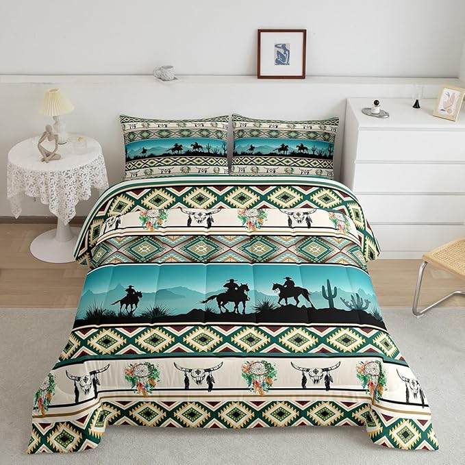 Erosebridal Horse Decor Western Comforter Set King,Farm Animals Quilt Indian Tribal Geometric Aztec Bedding Sets,Exotic Dream Catcher Feather Duvet Insert Farmhouse Western Decor,Green