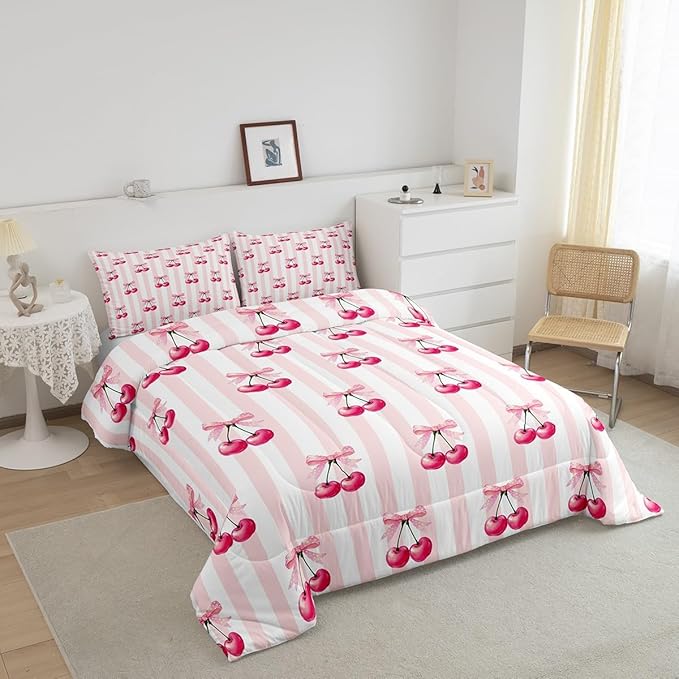 Feelyou Pink Girls Bow Comforter Set Toddler Size Kawaii Cherry Prints Bedding Set for Boys Teens Decor Bow Comforter Cute Bowknot Duvet Set Bedroom Stripes Quilt Set 2Pcs