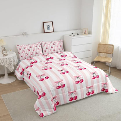 Feelyou Pink Girls Bow Comforter Set Full Size Kawaii Cherry Prints Bedding Set for Boys Teens Decor Bow Comforter Cute Bowknot Duvet Set Bedroom Stripes Quilt Set 3Pcs