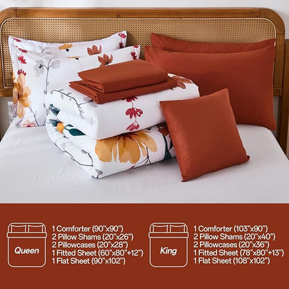 Anibedding 8Pieces King Size Comforter Set, Orange Watercolor Floral Queen Size Bed in a Bag Comforter Set with Pillowcase, Sheets for All Season