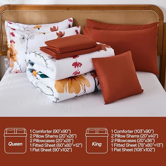 Anibedding 8Pieces Queen Comforter Set, Orange Watercolor Floral Queen Size Bed in a Bag Comforter Set with Pillowcase, Sheets for All Season