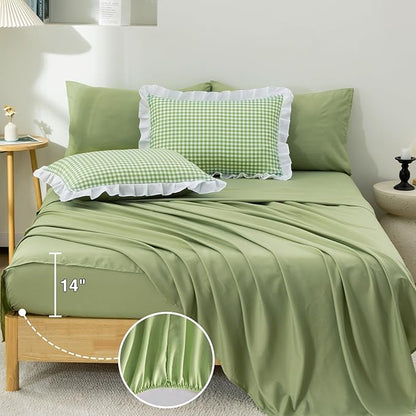 A Nice Night Comforter 5Pcs Queen Size,Green Ruffle Comforter for Dorm Room Essentials for Twin Bed,Plaid Checkered Chic Bedding Bed in a Bag for Girls