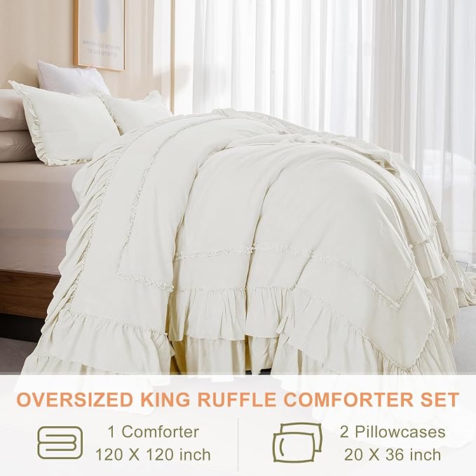 QSH Ivory Ruffled Oversized King Comforter 120x120,3PCs Farmhouse Shabby French Country Chic Ruffle Bed Comforter Set Lightweight Boho California King Comforter Ultra Soft Microfiber Fluffy Bedding