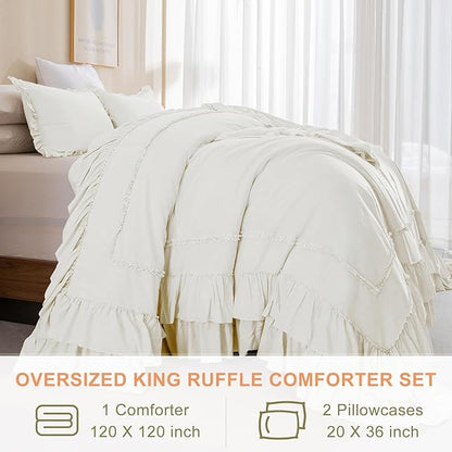 QSH Ivory Ruffled Oversized King Comforter 120x120,3PCs Farmhouse Shabby French Country Chic Ruffle Bed Comforter Set Lightweight Boho California King Comforter Ultra Soft Microfiber Fluffy Bedding