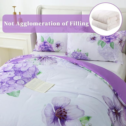 Floral Comforter Set Queen Size, 3 Pieces Elegant Purple Floral Bed in a Bag, Soft Microfiber Botanical Flower Bedding Set with 2 Pillowcases for All Season 90"×90"