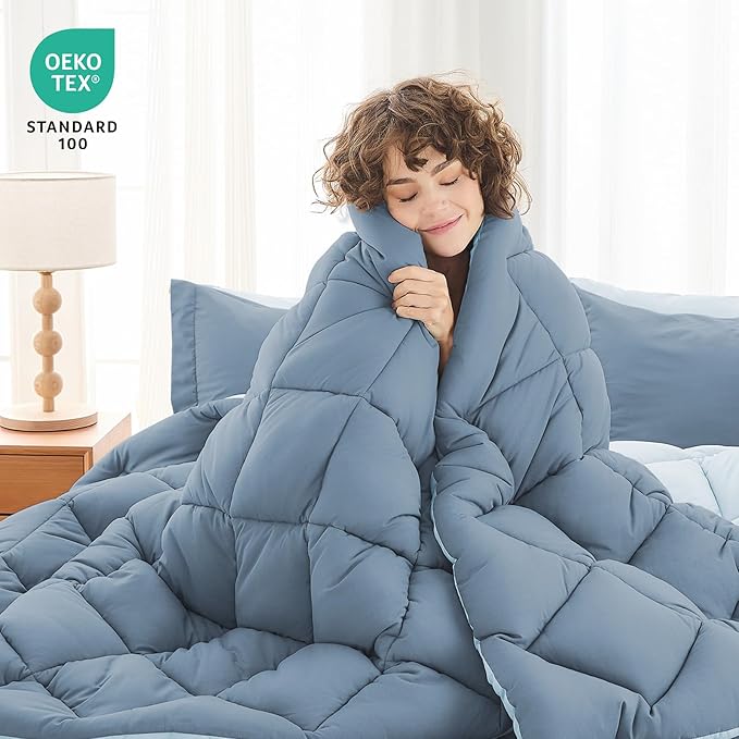 MUXHOMO 5 Pieces Twin XL Comforter Set, Reversible Bed in a Bag Twin XL Size, All Season Bedding Set with Comforter, Flat Sheet, Fitted Sheet, Pillowcases & Shams, Mineral Blue & Light Blue