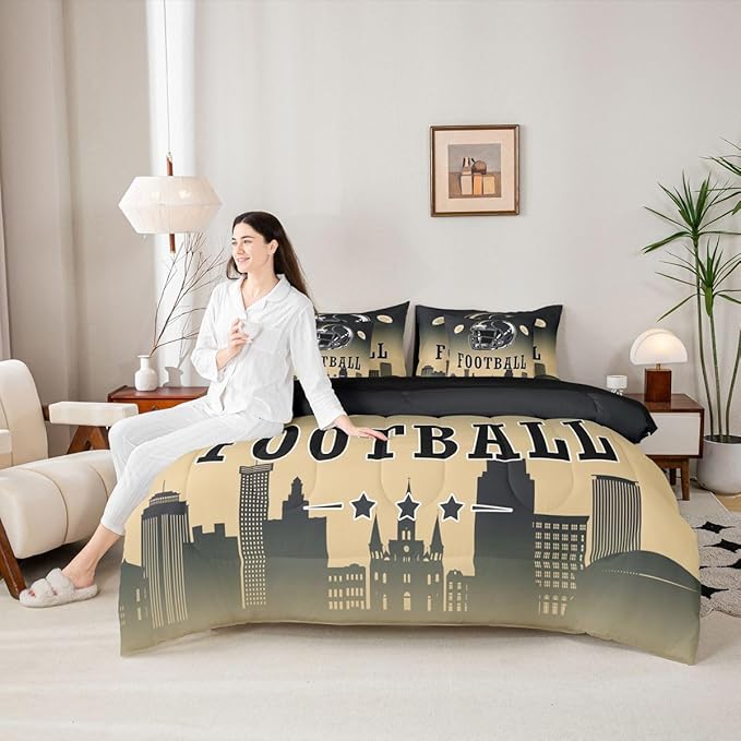 Erosebridal Football Queen Bed in A Bag for Boys Girls,American Rugby Sports Games Bedding Set 7 Pcs Football City Comforter Set with Sheets Black Beige Ombre Bed Set for Kids Teen Adults