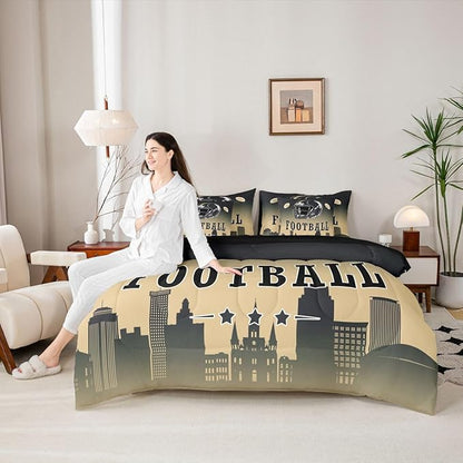 Erosebridal Football Queen Bed in A Bag for Boys Girls,American Rugby Sports Games Bedding Set 7 Pcs Football City Comforter Set with Sheets Black Beige Ombre Bed Set for Kids Teen Adults