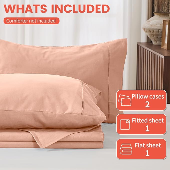 100% Linen Sheets Queen Size,Breathable & Durable 4-Piece Bed Flax Sheet Set,Soft All-Season Bedding for Hot Sleepers 16" Deep Pocket Oeko-TEX Certified,（Queen, Light Red）