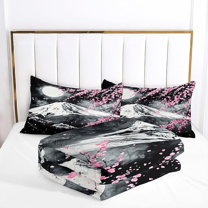 Japanese Cherry Blossom Comforter Set Full Grey Pink Floral Bedding Set for Japan Decor Mount Fuji Bedding Soft Lightweight Comforter Sets with 2 Pillowcases