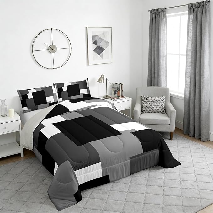 Castle Fairy Black Grey Comforter Set,Black White Geometric Bedding Set for Kids Teens,Modern Square Splicing Quilt Set,Duvet Insert 2 Pcs with 1 Pillowcase,Toddler