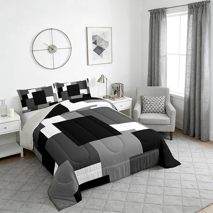 Castle Fairy Black Grey Comforter Set,Black White Geometric Bedding Set for Kids Teens,Modern Square Splicing Quilt Set,Duvet Insert 2 Pcs with 1 Pillowcase,Toddler