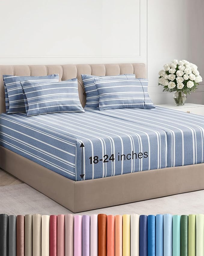 Extra Deep Split King Sheet Set - 7 Piece Breathable and Cooling Sheets - Hotel Luxury Bedding for Women, Men, Kids & Teens - Secure Fit - Soft and Wrinkle Free with Extra Deep Pockets - Blue Stripes