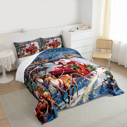 Santa Claus Comforter Set Full Size,Merry Christmas Bedding Set 3Pcs for Kids Girls Boys Teens Room Decor,Elk Deer Sled and Xmas Tree Quilt Set Rustic Farmhouse Duvet Insert,2 Pillowcases