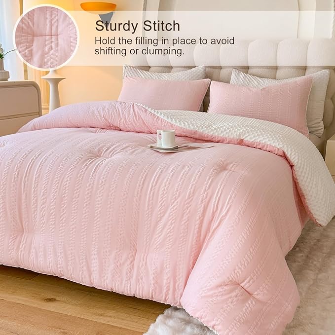 Boho Comforter Set Queen Size Striped Pleats Bohemian Seersucker Bedding Set All Season Soft Cozy 3 Pieces Quilt with 2 Pillowcases(90"X90" Blush Pink)