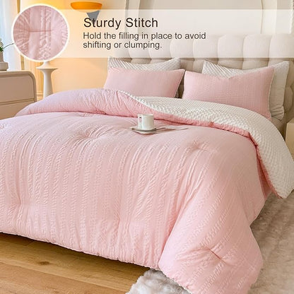 Boho Comforter Set Queen Size Striped Pleats Bohemian Seersucker Bedding Set All Season Soft Cozy 3 Pieces Quilt with 2 Pillowcases(90"X90" Blush Pink)
