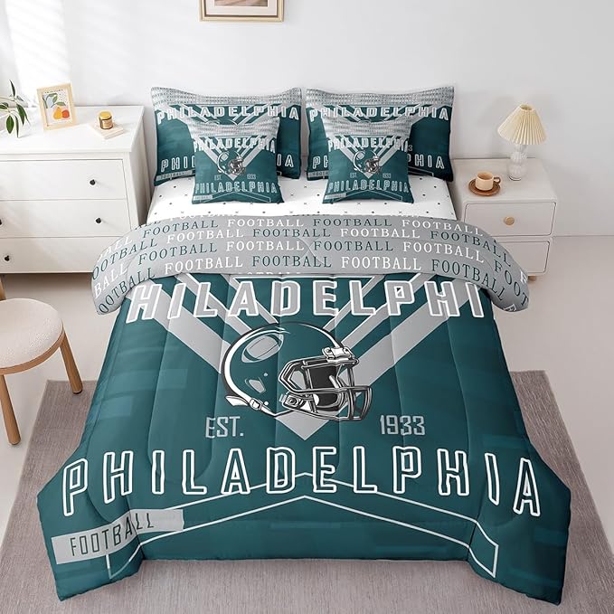 Feelyou Football 7 Pieces Comforter Sets King Size Bedding Set for Boys Kids Teen Sports Theme Football City Bed in a Bag with Comforter, Sheets, Pillowcases & Cushion Cover