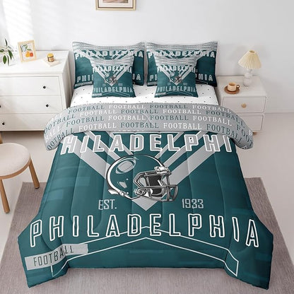 Feelyou Football 7 Pieces Comforter Sets King Size Bedding Set for Boys Kids Teen Sports Theme Football City Bed in a Bag with Comforter, Sheets, Pillowcases & Cushion Cover