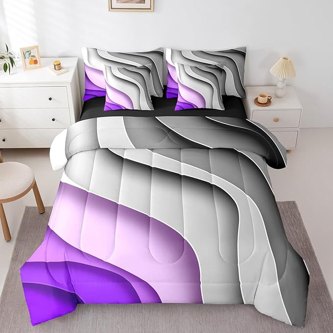 Grey Purple Gradient Bedding Comforter Sets 7pcs for Kids Teens Geometric Stripe Bed in a Bag, Aesthetic Wave Twin Bedding Sets Modern Abstract Comforter Set, Ombre Bedding Sets & Collections