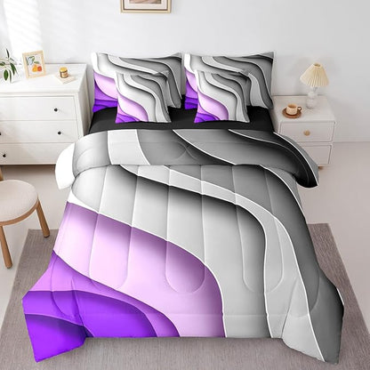 Erosebridal Grey Purple Gradient Bed in a Bag 7-Piece for Kids Teens Geometric Stripe Bedding Set, Aesthetic Wave Full Size Comforter Set Modern Abstract Bedding Comforter Sets, Ombre Bed Set