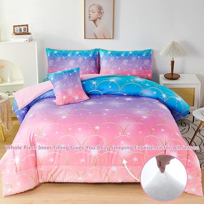 PERFEMET Queen Size Girls Comforter Set with Sheets 6 Pieces Mermaid Tail Print Kids Bedding Set Colorful Rainbow Teen Girl Bed in A Bag Pink Purple Ombre Bed Set for Girls Women