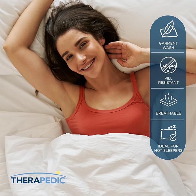 Therapedic 100% Egyptian Cotton King 6-Piece Sheet Set – Naturally Cooling & Breathable Sateen, Preshrunk Garment Wash, 16" Deep Pocket Fitted Sheet, Bonus Pillowcases, Soft & Durable - White