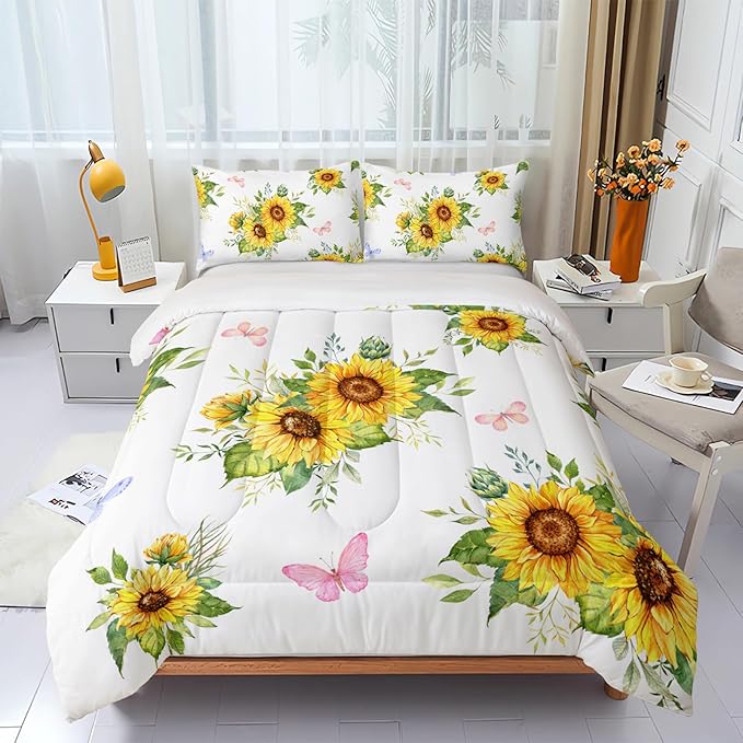 Sunflower Comforter Sets,Floral Botanical 3-Pieces Microfiber Bedding Quilt for Girls Teens,Decorative Bedding Comforter Sets with 2 Pillow Shams, Twin Size