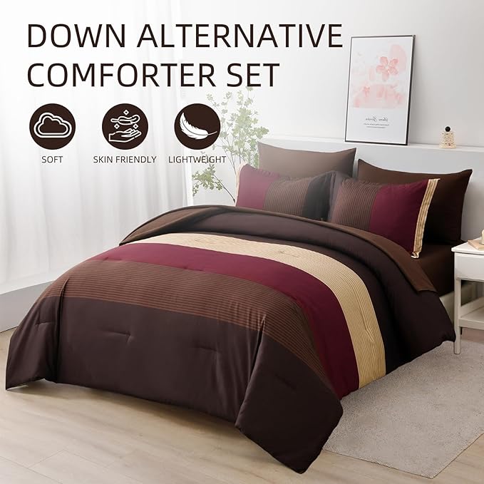 Anibedding Red and Brown Comforter Set Queen Size, Boho Burgundy Striped Bedding Comforter Set 7 Piece Bed in a Bag, Soft Microfiber Down Alternative Farmhouse Bedding Set for All Season(90"x90")