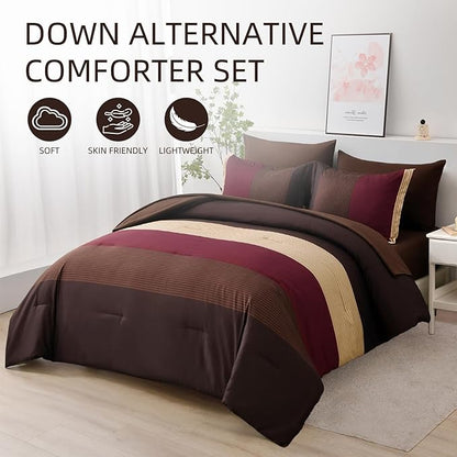 Anibedding Red and Brown Comforter Set Queen Size, Boho Burgundy Striped Bedding Comforter Set 7 Piece Bed in a Bag, Soft Microfiber Down Alternative Farmhouse Bedding Set for All Season(90"x90")