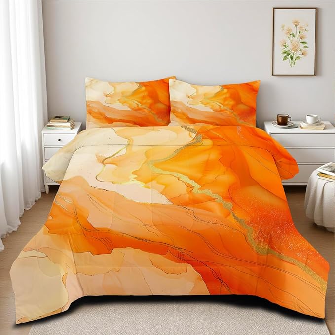 Orange Marble Comforter Set King Size Gold Glitter Marbling Bedding Set Watercolor Abstract Art Down Comforter Burnt Orange Marble Print Bed Set for Kids Teens Adult Bedroom Decor 3Pcs