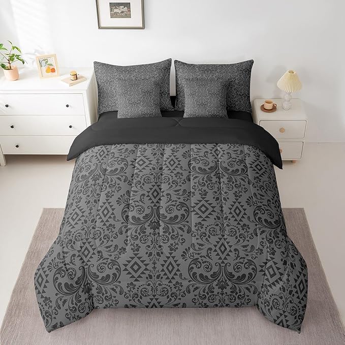 Comforter Set Queen Size, Black Damask Aztec 7 Pcs Bedding for Kids and Adults, Baroque Western Boho Gothic Floral Bed Sheet Sets with Fitted Sheet 2 Pillowcases & 2 Shams for Bedroom Bed Decor